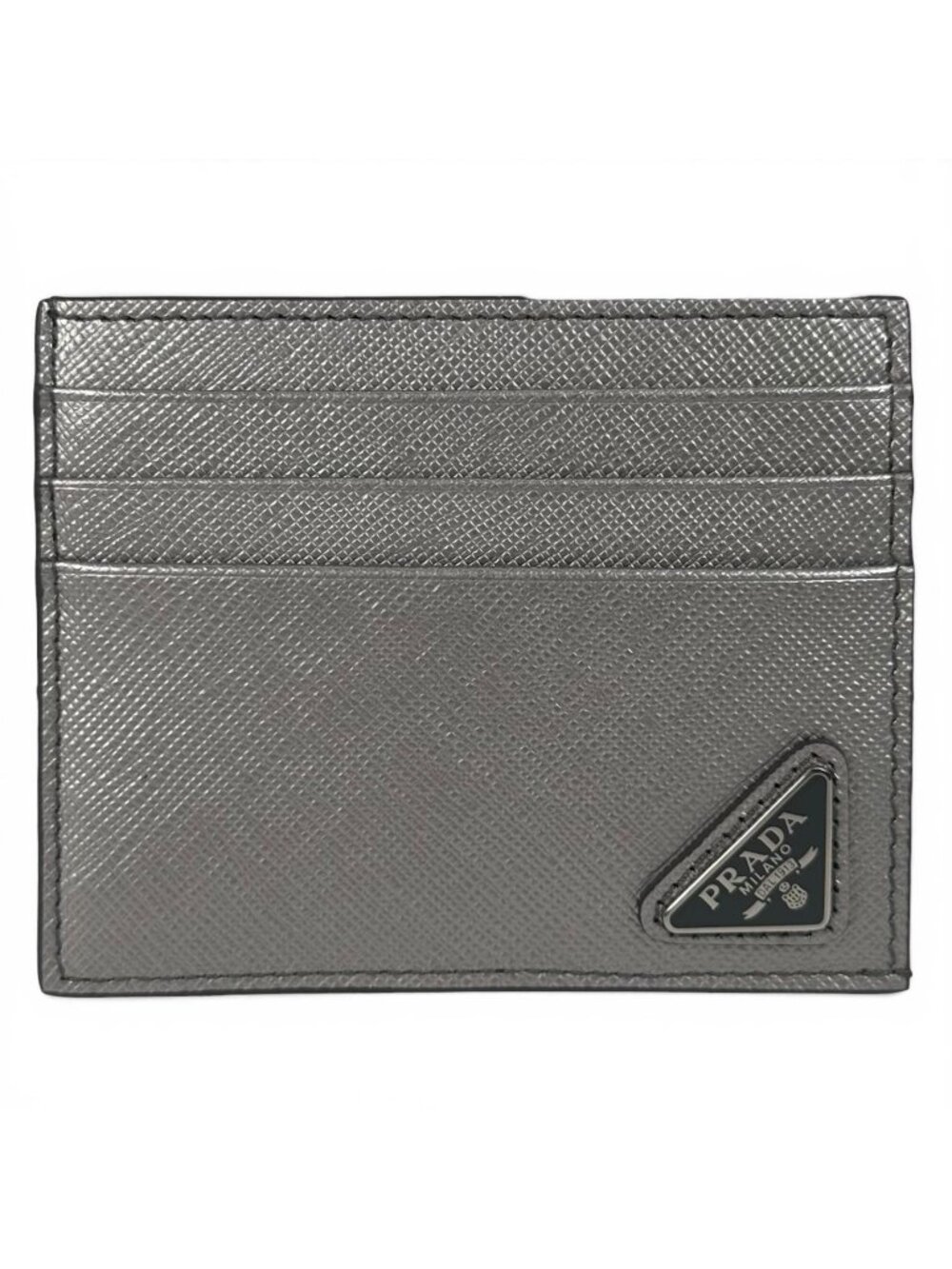 Prada Saffiano Leather Triangle Plate Logo Card Case Silver